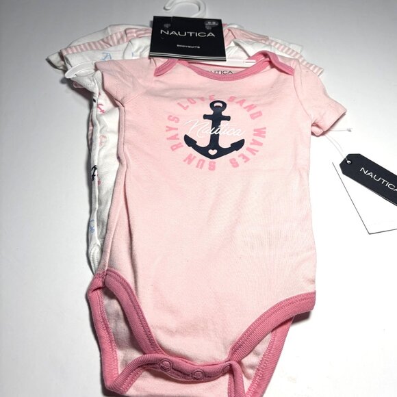 Nautica Baby Bodysuits 4 Pack 6-9M Pink White Nautical Anchor Coastal Preppy - Picture 2 of 9